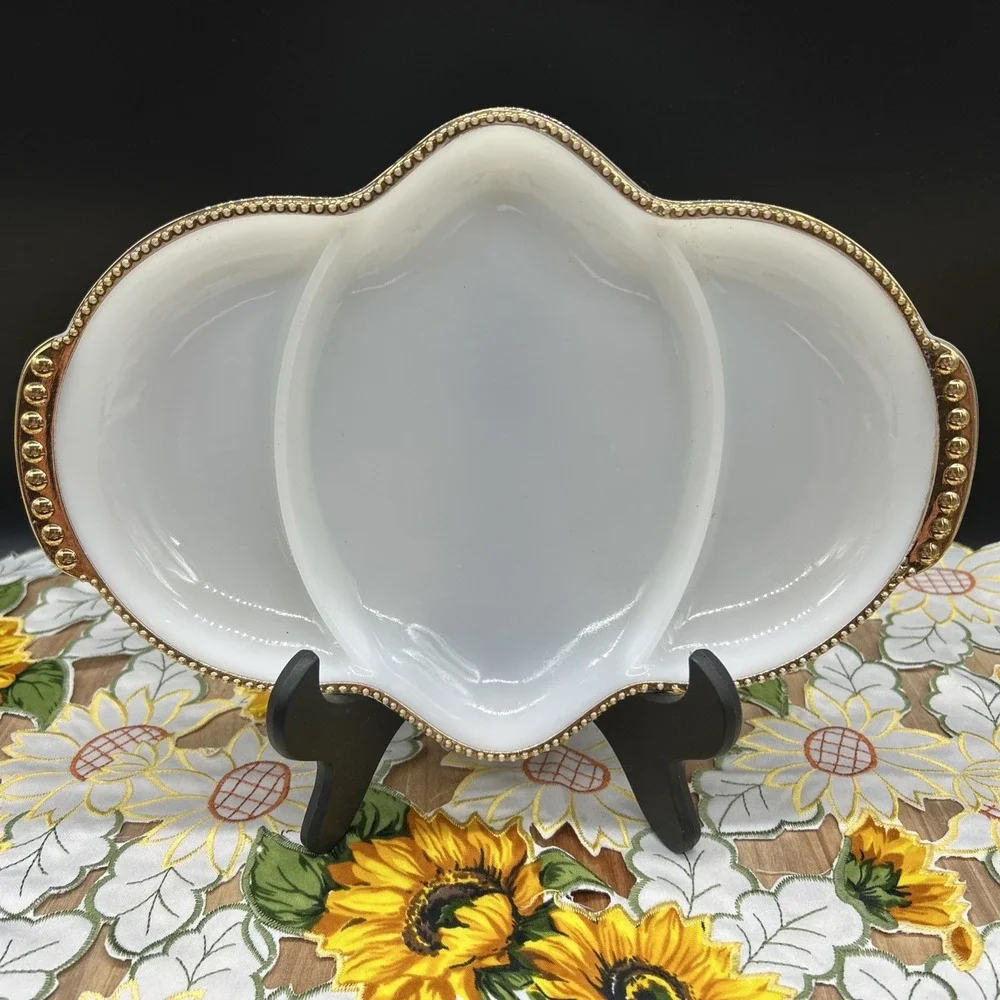 Fire King White With  Gold Trim 3 Part Relish Dish Anchor Hocking